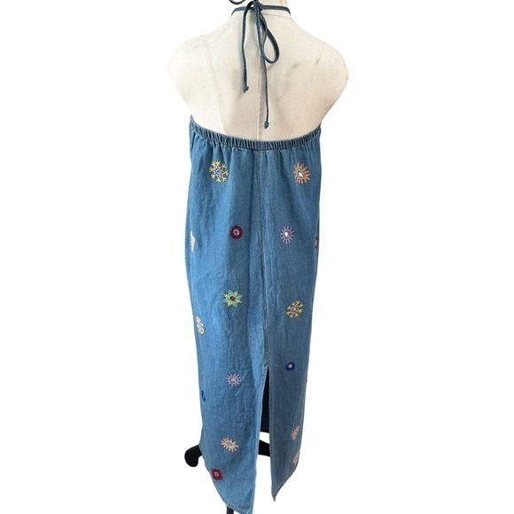 ZARA Denim Halter Maxi Dress Embroidered Floral Boho Beach Vacation Size S - Picture 6 of 8
